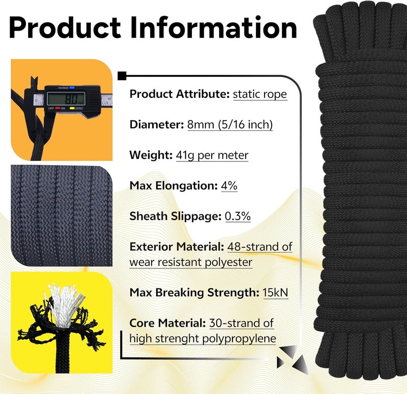WiseRoot 8mm Static Climbing Rope: Heavy Duty Outdoor Rock Climbing Rope for Arborist Tree Work, Rescue, Camping & Hiking, (10m/32ft, 20m/64ft, 30m/96ft) Orange/Black (Black, 64 Feet) - Image 2
